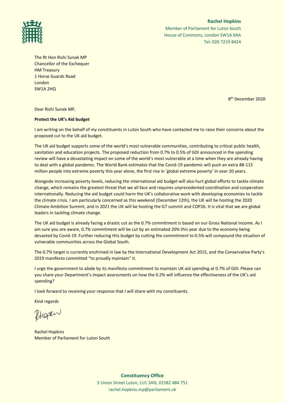Letter to the Chancellor opposing cuts to foreign aid.