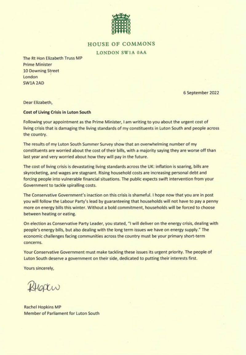 Rachel Hopkins MP letter to new PM Liz Truss on cost of living crisis