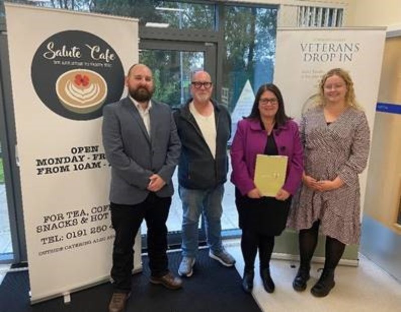 Rachel Hopkins MP visiting Forward Assist. Pictured with Cllr Andy Newman, North Tyneside Councillor, Tony Wright, Founder and Chief Executive, and Nicole Dodds, Family First Support Worker and LGBTQ+ Veteran Care Coordinator.