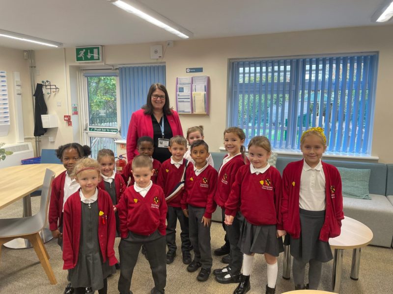 Rachel Hopkins MP with pupils on a school visit