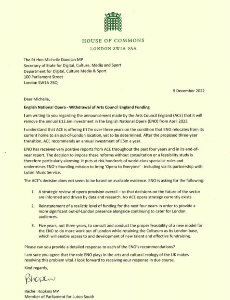 My letter to Michelle Donelan on the withdrawal of investment from ENO