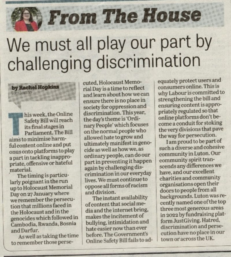 Picture of Rachel Hopkins MP Luton News article, text below