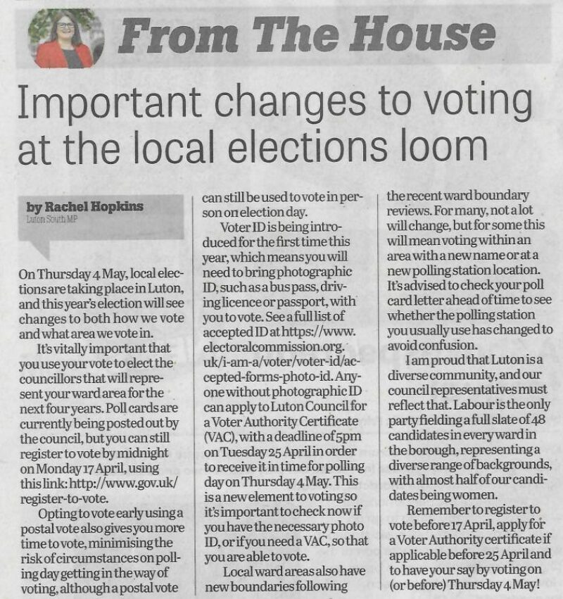 Rachel Hopkins MP Luton News article