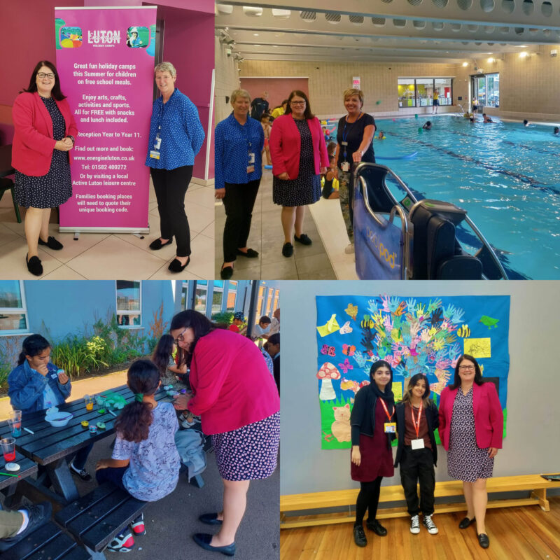 Top: Rachel with Helen Barnett, Rachel and Helen and Penny at the pool. Bottom: Rachel talking to children about their crafts at Young Steps, Rachel with two of the volunteers