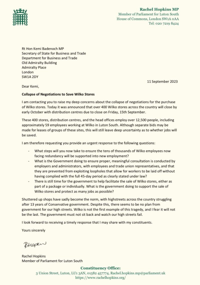 Rachel Hopkins MP letter to Secretary of State