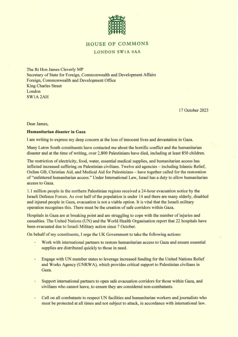 Rachel Hopkins MP letter to James Cleverley MP