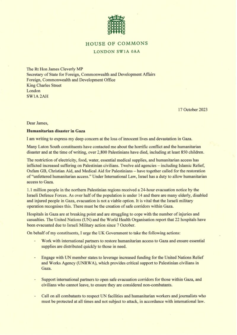 Rachel Hopkins MP letter to James Cleverley MP