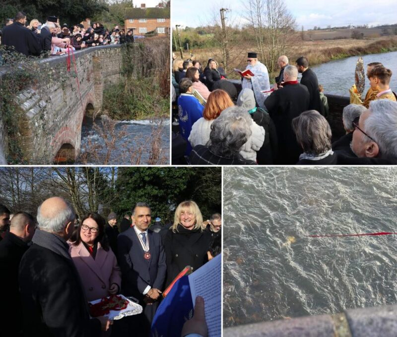 Top left: Rachel taking part in the service. Top right: Father David leading the service. Bottom left: Rachel with Christos, former Church president, Gurch Randhawa, and councillor Vicky Malone. Bottom Right: the cross in the river