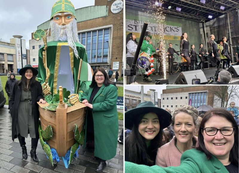 Left: Rachel and Sarah with the St Patrick float Top Right: dancers performing at the festival Bottom Right: Rachel, Sarah and Noelette, Chief Executive of the Luton Irish Forum