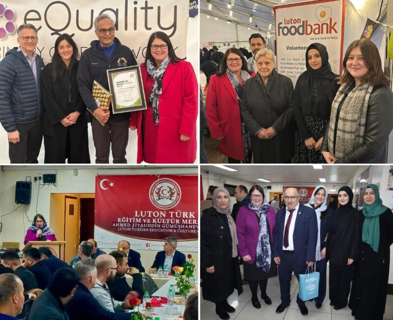 Top Left: Rachel and Sarah with award winner Dr Tahir Mehmood Top Right: Rachel with the Luton Foodbank team Bottom Left: Rachel Speaking at the Luton Turkish Centre