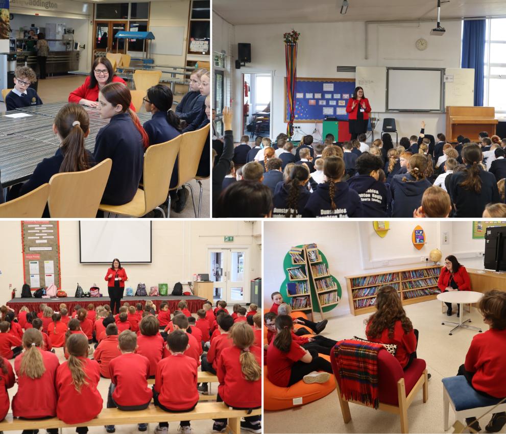 Top Left: Rachel speaking to Caddington Village School