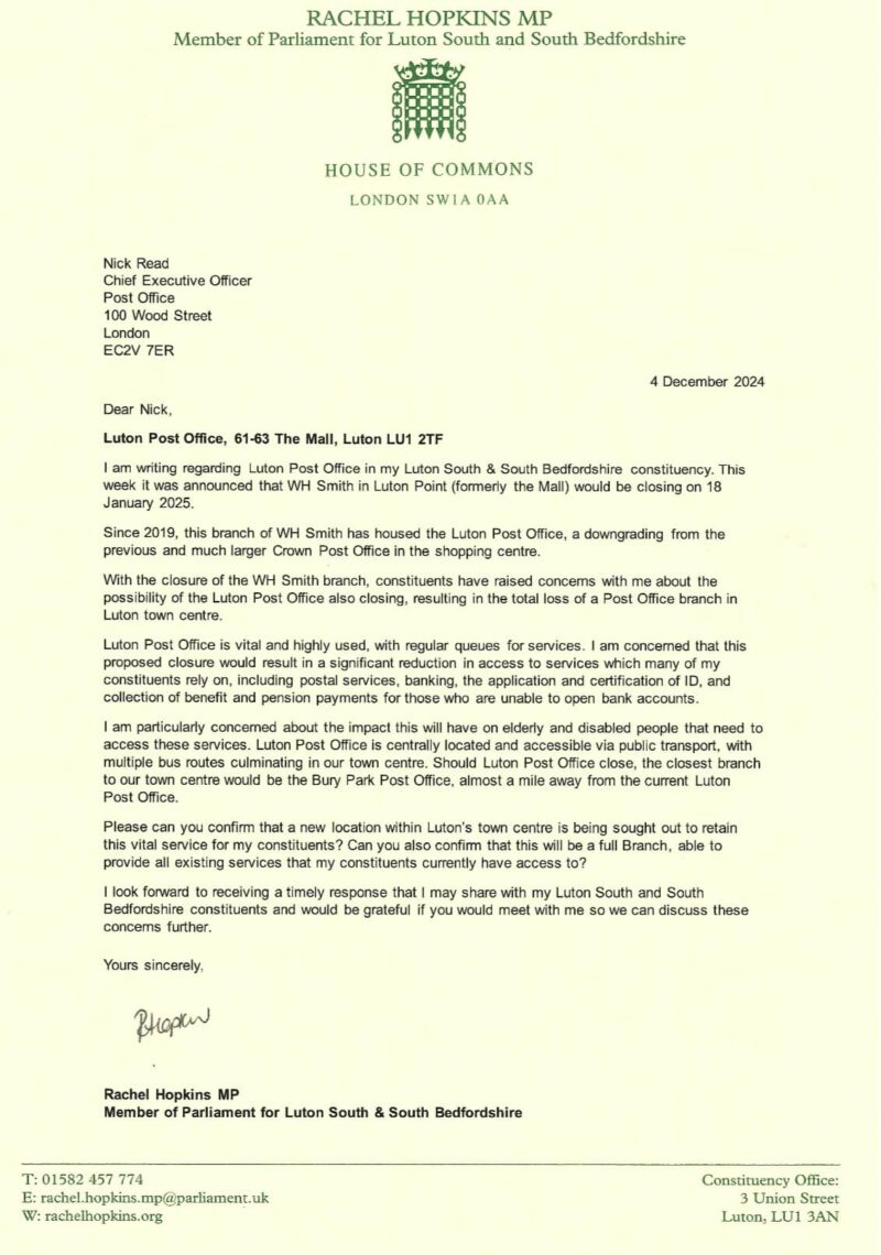 Rachel Hopkins MP letter to the CEO of the Post Office