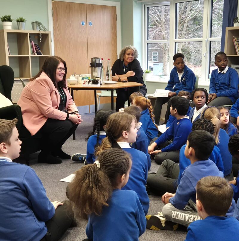 Rachel Hopkins MP speaking to children at Tennyson Road